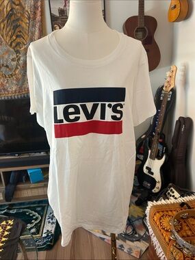 Levi's White Tee with Navy and Red Logo Bars